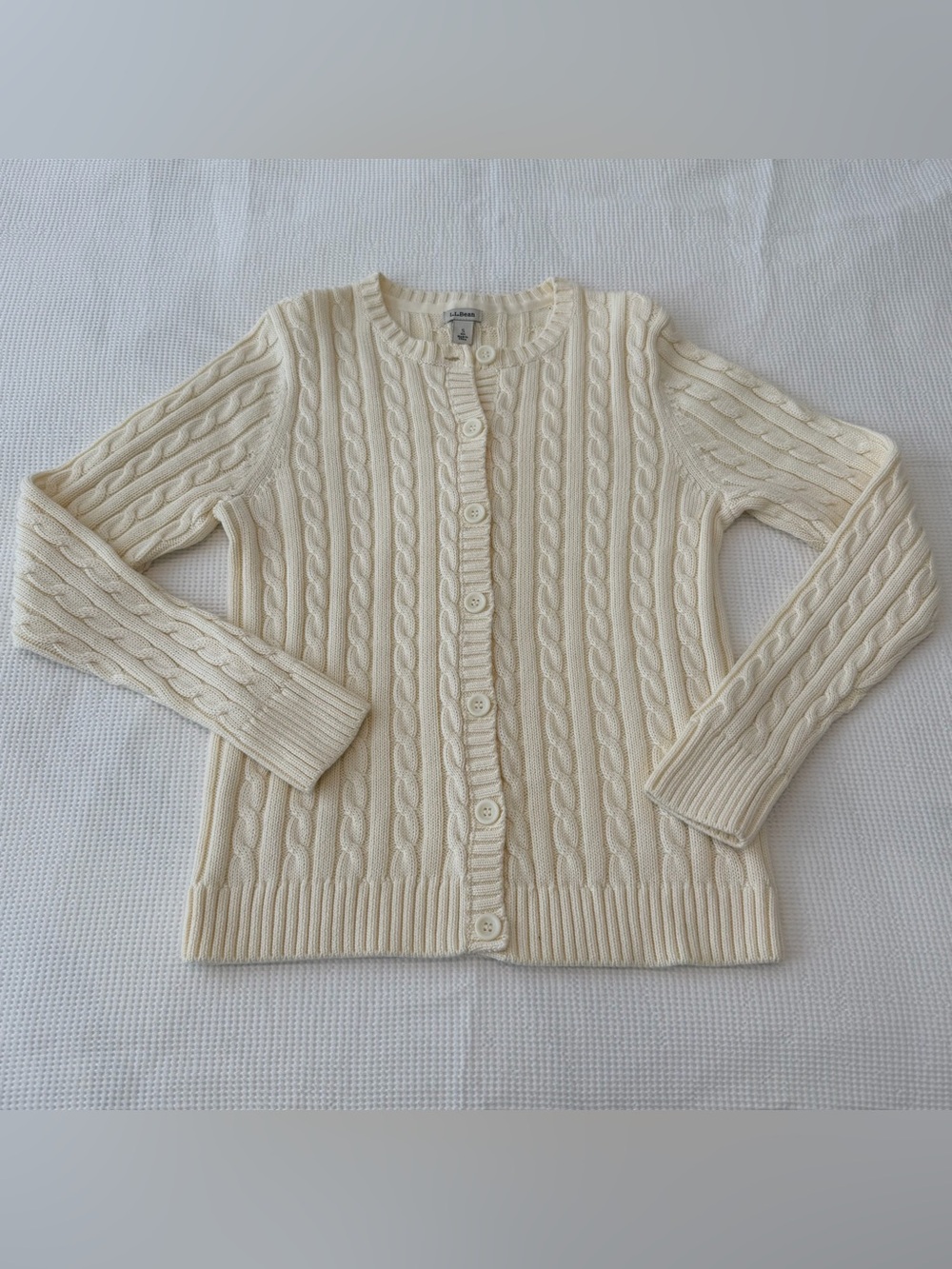 L.L. Bean Cream Cotton Cable-Knit Button-Front Cardigan